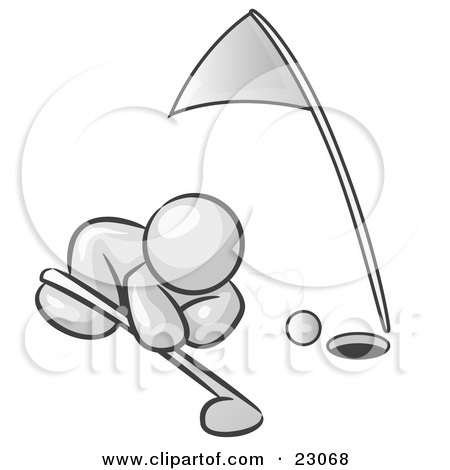 Clipart Illustration of a White Man Down On The Ground, Trying To Blow A Golf Ball Into The Hole by Leo Blanchette