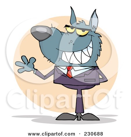 Royalty-Free (RF) Clipart Illustration of a Waving Wolf Businessman Over Beige by Hit Toon