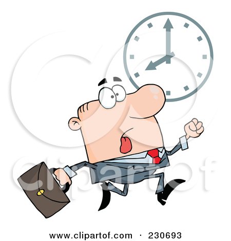 Royalty-Free (RF) Clipart Illustration of a Hurried Caucasian Businessman Running Past A Clock by Hit Toon