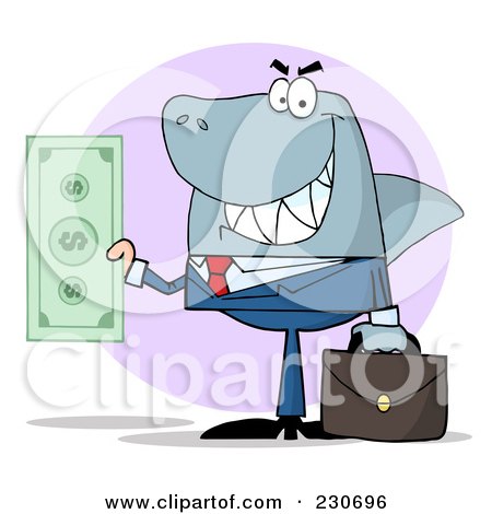 Royalty-Free (RF) Clipart Illustration of a Shark Businessman Holding Cash Over A Purple Circle by Hit Toon
