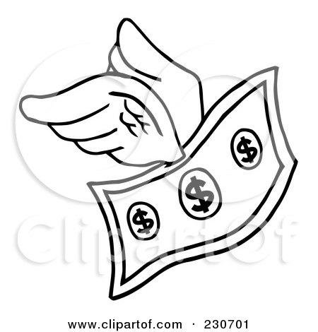 Royalty-Free (RF) Clipart Illustration of a Coloring Page Outline Of A Flying Dollar Bill by Hit Toon