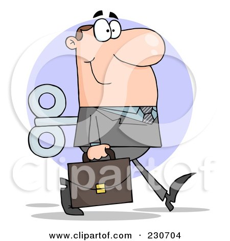 Royalty-Free (RF) Clipart Illustration of a Windup White Businessman Walking With A Briefcase Over A Purple Circle by Hit Toon