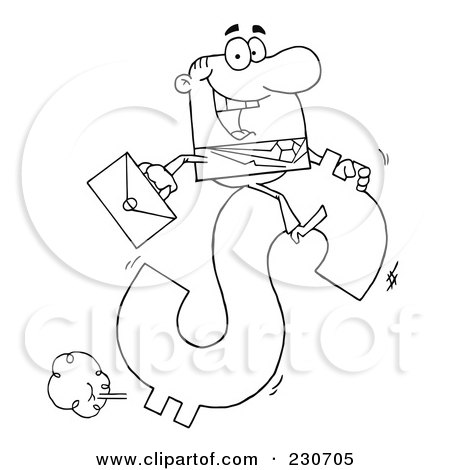 Royalty-Free (RF) Clipart Illustration of a Coloring Page Outline Of A Businessman Riding On A Hopping Dollar Symbol by Hit Toon