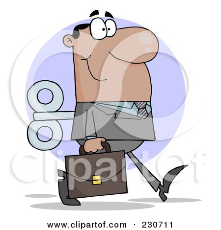 Royalty-Free (RF) Clipart Illustration of a Windup Hispanic Businessman Walking With A Briefcase Over A Purple Circle by Hit Toon