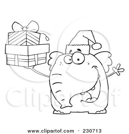 Royalty-Free (RF) Clipart Illustration of a Coloring Page Outline Of An Elephant Wearing A Santa Hat And Holding Christmas Gifts by Hit Toon