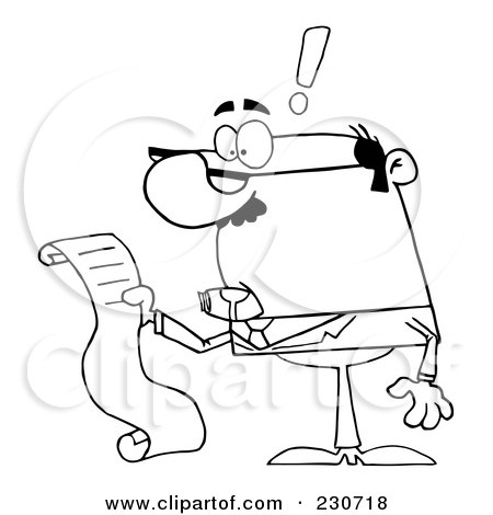 Royalty-Free (RF) Clipart Illustration of a Coloring Page Outline Of A Businessman Reading A Long List Or Bill by Hit Toon