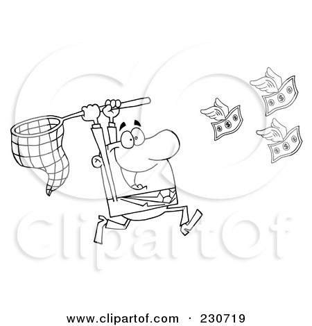 Royalty-Free (RF) Clipart Illustration of a Coloring Page Outline Of A Businessman Chasing Flying Money With A Net by Hit Toon