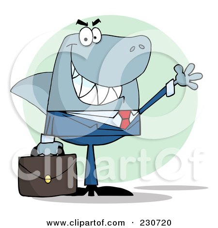 Royalty-Free (RF) Clipart Illustration of a Shark Businessman Carrying A Briefcase And Waving Over A Green Circle by Hit Toon