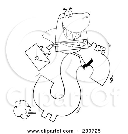 Royalty-Free (RF) Clipart Illustration of a Coloring Page Outline Of A Shark Businessman Riding On A Hopping Dollar Symbol by Hit Toon