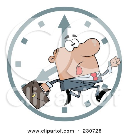 Royalty-Free (RF) Clipart Illustration of a Hurried Hispanic Businessman Running Past A Clock by Hit Toon