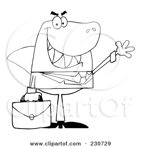 Royalty-Free (RF) Clipart Illustration of a Coloring Page Outline Of A Shark Businessman Carrying A Briefcase And Waving by Hit Toon
