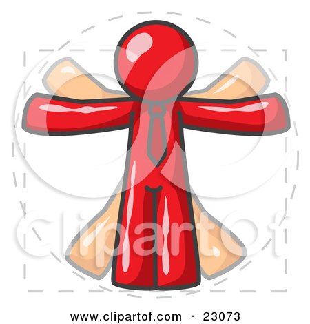 Clipart Illustration of a Man in Motion, Red Vitruvian Cartoon Man by Leo Blanchette