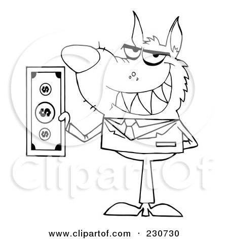 Royalty-Free (RF) Clipart Illustration of a Coloring Page Outline Of A Wolf Businessman Holding Cash by Hit Toon
