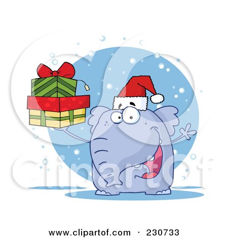 Royalty-Free (RF) Clipart Illustration of a Christmas Elephant Wearing A Santa Hat And Holding Gifts In The Snow by Hit Toon