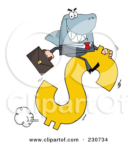 Royalty-Free (RF) Clipart Illustration of a Shark Businessman Riding On A Hopping Dollar Symbol by Hit Toon