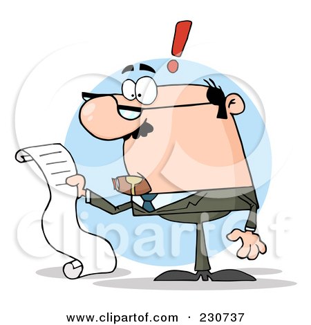 Royalty-Free (RF) Clipart Illustration of a White Businessman Reading A Long List Or Bill Over A Blue Circle by Hit Toon