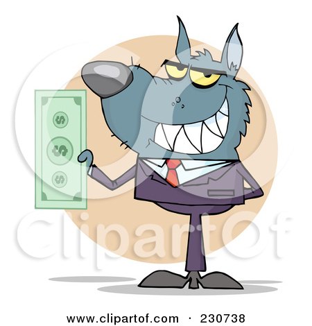 Royalty-Free (RF) Clipart Illustration of a Wolf Business Man Holding Cash Over A Beige Circle by Hit Toon