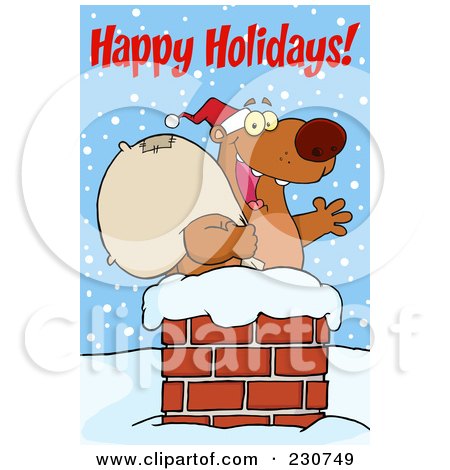 Royalty-Free (RF) Clipart Illustration of a Happy Holidays Greeting Over A Christmas Santa Bear In A Chimney - 1 by Hit Toon