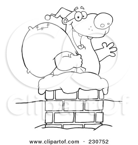 Royalty-Free (RF) Clipart Illustration of a Coloring Page Outline Of A Christmas Santa Bear In A Chimney by Hit Toon