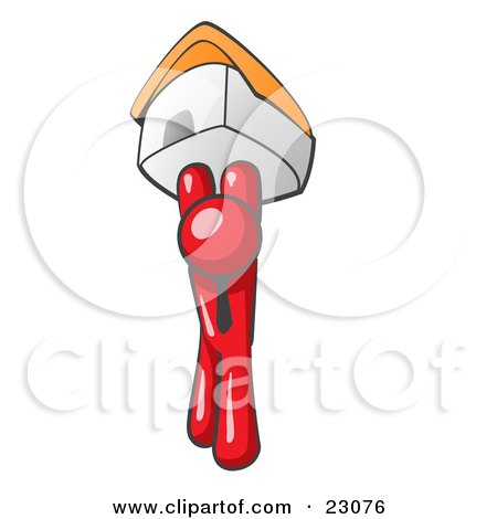 Clipart Illustration of a Red Man Holding Up A House Over His Head, Symbolizing Home Loans and Realty by Leo Blanchette