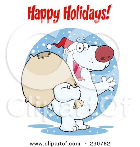 Royalty-Free (RF) Clipart Illustration of a Happy Holidays Greeting Over A Christmas Santa Polar Bear by Hit Toon