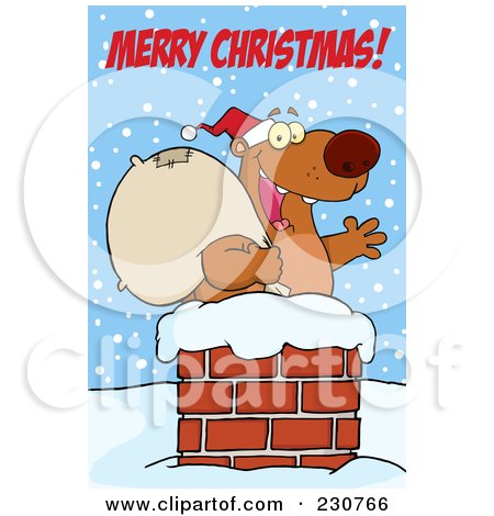 Royalty-Free (RF) Clipart Illustration of a Merry Christmas Greeting Over A Christmas Santa Bear In A Chimney - 1 by Hit Toon