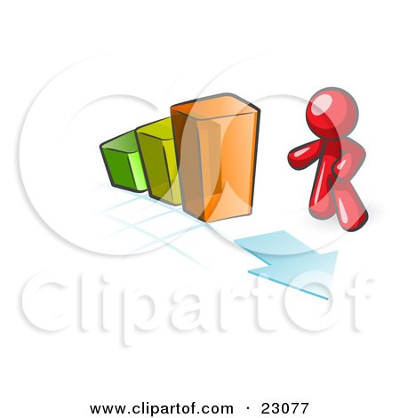 Clipart Illustration of a Red Man Standing By An Increasing Green, Yellow And Orange Bar Graph On A Grid Background With An Arrow by Leo Blanchette