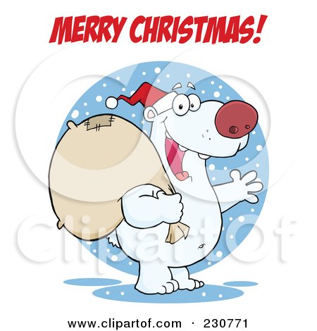 Royalty-Free (RF) Clipart Illustration of a Merry Christmas Greeting Over A Christmas Santa Polar Bear by Hit Toon