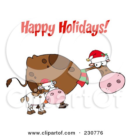 Royalty-Free (RF) Clipart Illustration of a Happy Holidays Greeting Over Christmas Cows by Hit Toon
