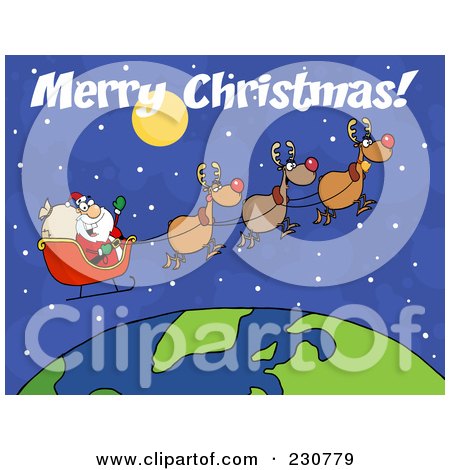 Royalty-Free (RF) Clipart Illustration of Merry Christmas Over Santa Waving And Flying Above Earth by Hit Toon
