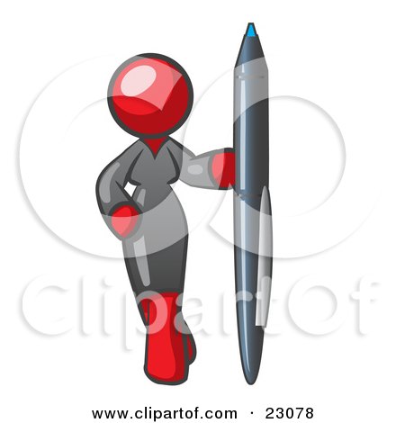 Clipart Illustration of a Red Woman In A Gray Dress, Standing With One Hand On Her Hip, Holding A Huge Pen by Leo Blanchette