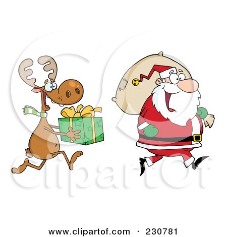 Royalty-Free (RF) Clipart Illustration of an Elf Carrying A Christmas Present Behind Santa by Hit Toon