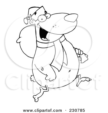 Royalty-Free (RF) Clipart Illustration of a Coloring Page Outline Of A Christmas Bear Running With A Bag by Hit Toon