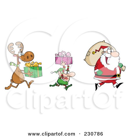 Royalty-Free (RF) Clipart Illustration of a Reindeer And Elf Carrying Christmas Presents Behind Santa by Hit Toon