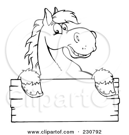 Royalty-Free (RF) Clipart Illustration of a Coloring Page Outline Of A Happy Horse Looking Over A Blank Wood Sign by Hit Toon