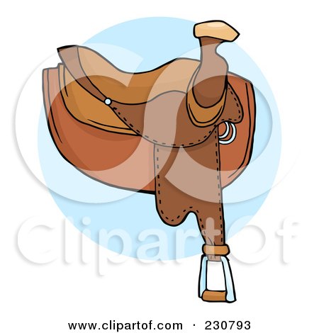 Royalty-Free (RF) Clipart Illustration of a Leather Horse Saddle Over A Blue Circle by Hit Toon