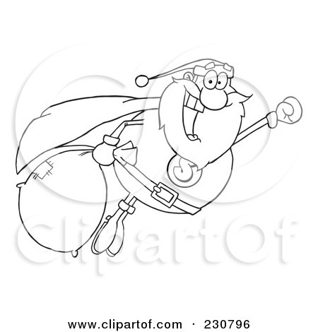 Royalty-Free (RF) Clipart Illustration of a Coloring Page Outline Of A Santa Super Hero Flying by Hit Toon