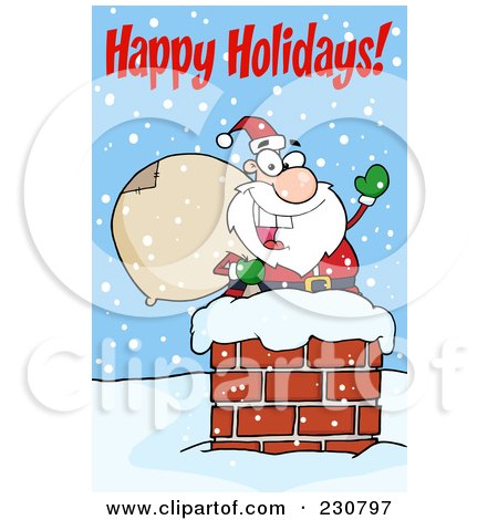 Royalty-Free (RF) Clipart Illustration of Happy Holidays Text Over A Santa In A Chimney And Waving by Hit Toon