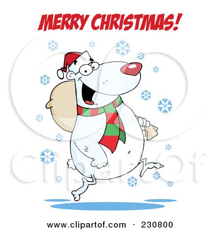 Royalty-Free (RF) Clipart Illustration of a Merry Christmas Greeting Over A Polar Bear Carrying A Bag by Hit Toon