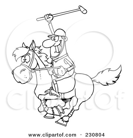 Royalty-Free (RF) Clipart Illustration of a Coloring Page Outline Of A Polo Player Holding Up A Stick by Hit Toon