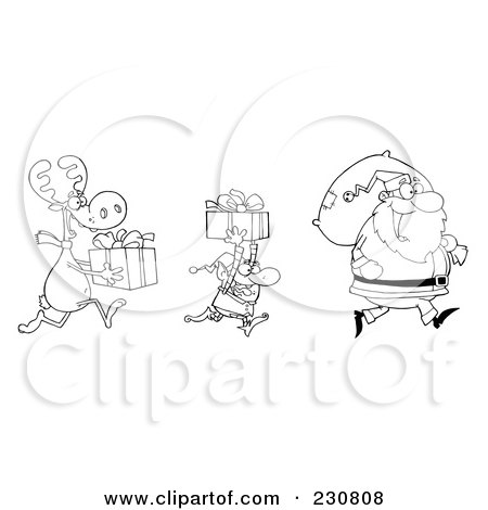 Royalty-Free (RF) Clipart Illustration of a Coloring Page Outline Of A Reindeer And Elf Carrying Christmas Presents Behind Santa by Hit Toon