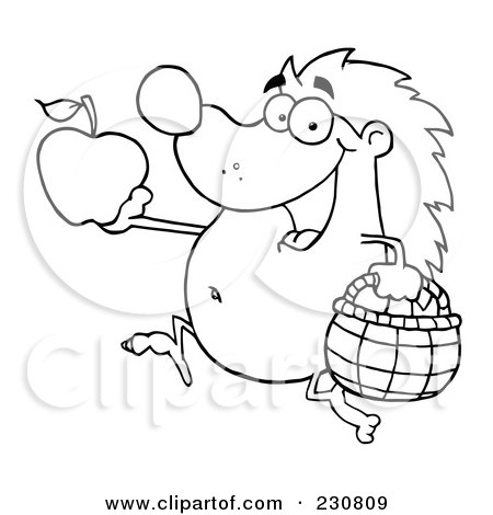 Royalty-Free (RF) Clipart Illustration of a Coloring Page Outline Of A Hedgehog With An Apple And Basket by Hit Toon
