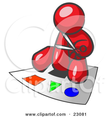 Clipart Illustration of a Red Man Holding A Pair Of Scissors And Sitting On A Large Poster Board With Colorful Shapes by Leo Blanchette