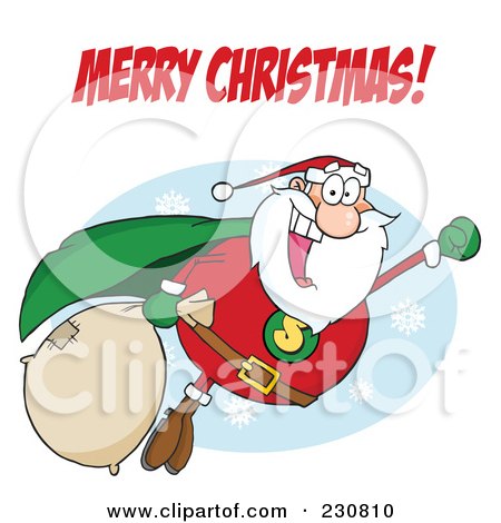 Royalty-Free (RF) Clipart Illustration of a Merry Christmas Text Over A Santa Super Hero Flying by Hit Toon