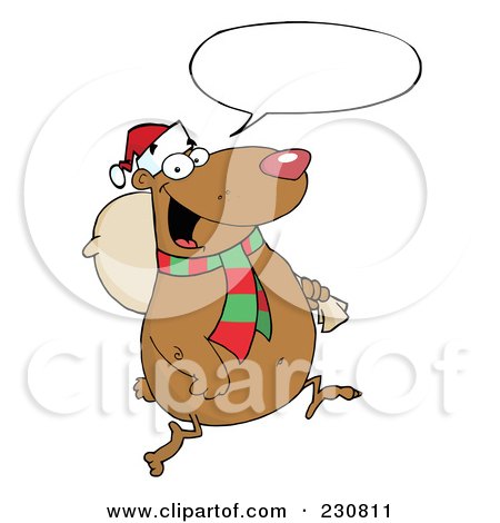 Royalty-Free (RF) Clipart Illustration of a Happy Christmas Bear Running With A Bag And Speech Balloon by Hit Toon