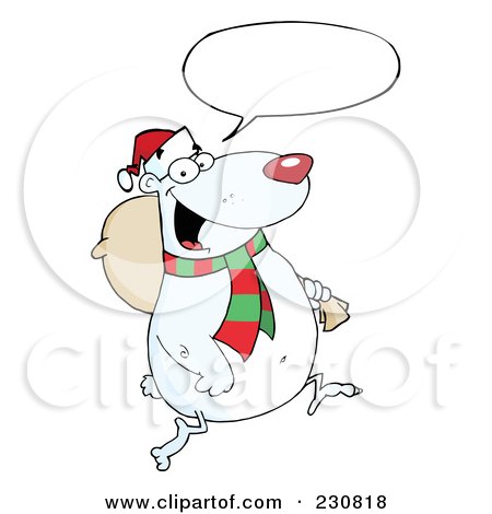 Royalty-Free (RF) Clipart Illustration of a Christmas Polar Bear Carrying A Sack Under A Speech Balloon by Hit Toon