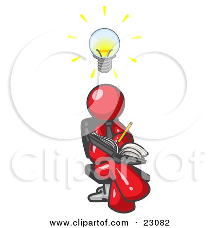 Clipart Illustration of a Smart Red Man Seated With His Legs Crossed, Brainstorming and Writing Ideas Down in a Notebook, Lightbulb Over His Head by Leo Blanchette