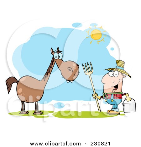Royalty-Free (RF) Clipart Illustration of a Happy Caucasian Farmer Near A Horse by Hit Toon