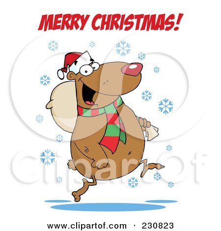 Royalty-Free (RF) Clipart Illustration of a Merry Christmas Greeting Over A Bear Running With A Bag by Hit Toon