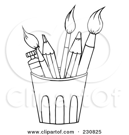 Royalty-Free (RF) Clipart Illustration of a Coloring Page Outline Of A Cup Of Pencils And Paintbrushes by Hit Toon